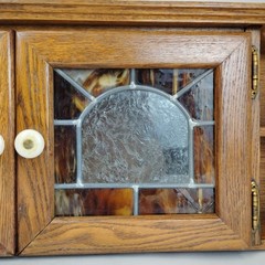 Handmade Oak Wall Cabinet Stained Slag Glass Doors Shelving 32in Cabin Kitchen