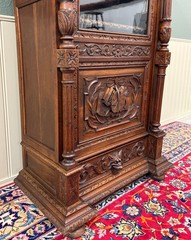 Antique French Renaissance Revival Scholars Bookcase Cabinet Carved Oak 19th C