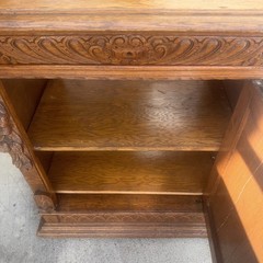 Antique French Oak Floor Cabinet with Drawer. Carved Lions Heads and Fruit