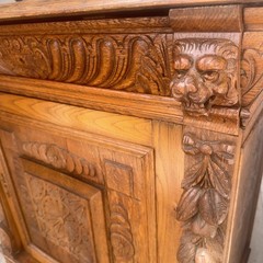 Antique French Oak Floor Cabinet with Drawer. Carved Lions Heads and Fruit