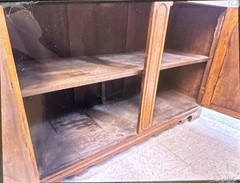 Antique Wooden Breakfront Cabinet with Mirror and Ornate Detailing