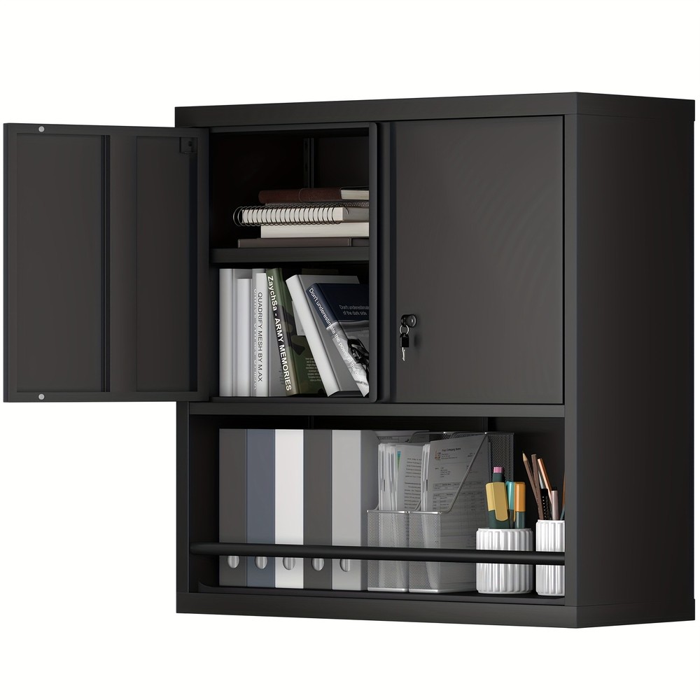 Black Wall-Mounted Metal Cabinet With Lock Adjustable Shelves
