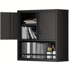 Black Wall-Mounted Metal Cabinet With Lock Adjustable Shelves