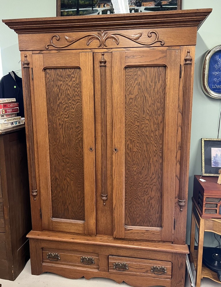 Antique Tall Double Door Oak Hutch Cabinet 7ft tall 53inch wide