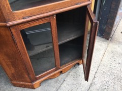 STUNNING antique Quartersawn oak corner cabinet glass doors mirrored shelf 99″ h