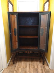 Antique Refurbished Two Tone Mahogany Veneer Glass Cabinet