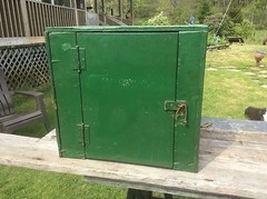 Green & Red Handmade Wood Cabinet, Shabby Farm Garage Two Shelf Cupboard
