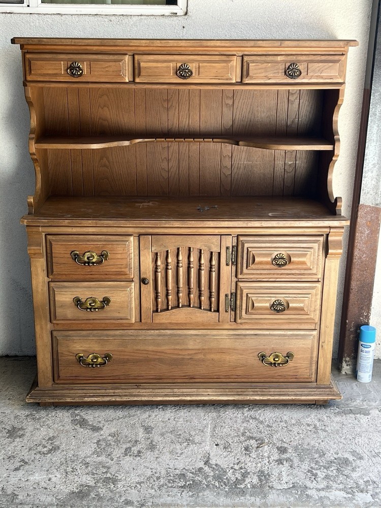 Antique Traditional Wood Cabinet with Drawers, Shelves, Carvings