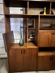 Mid Century Walnut Veneer Room Divider Display Storage Cabinet with Bar Desk MCM