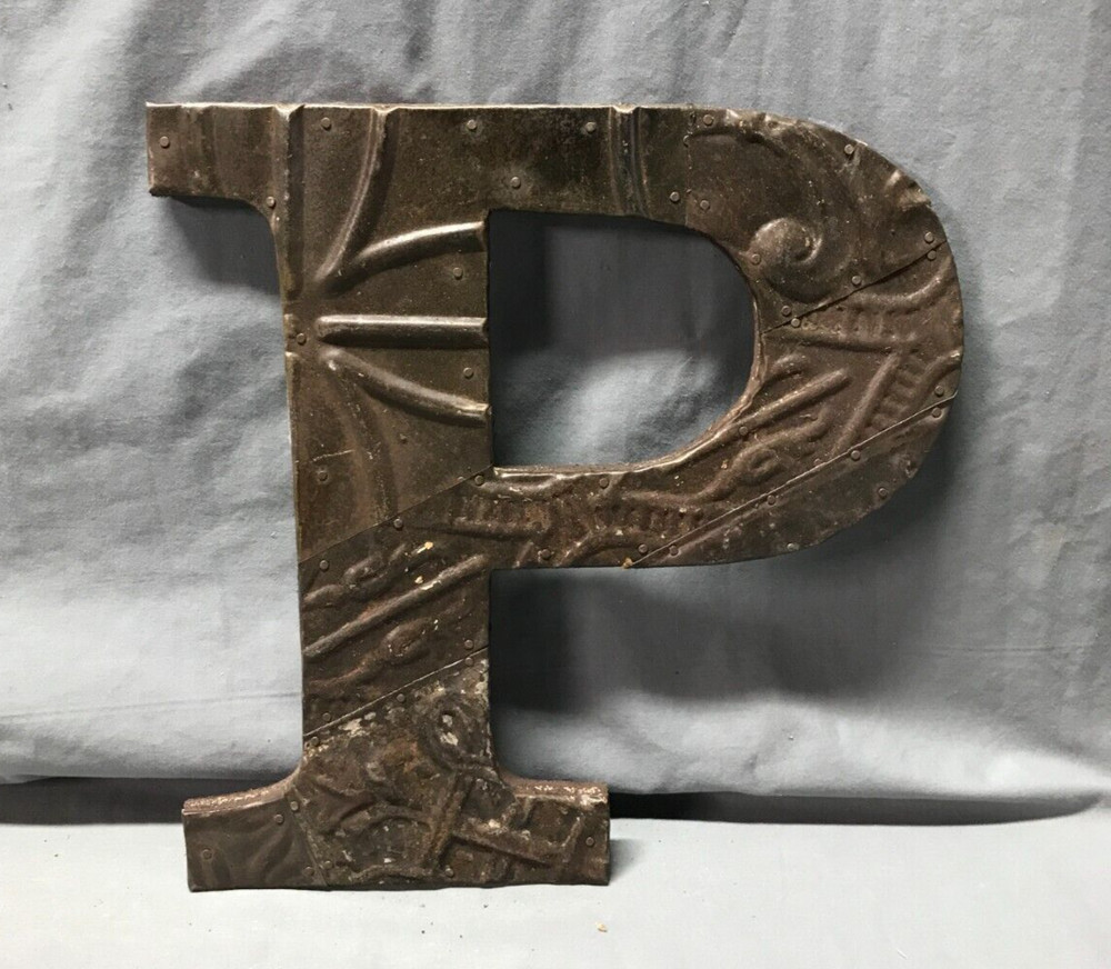 Decorative Salvage Tin Ceiling 12″ Patchwork RUST Metal VTG Letter P Old 235-25B