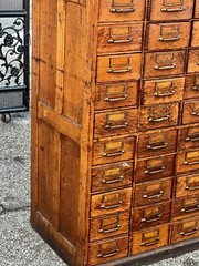 Large solid wood, antique multi drawer card catalog cabinet