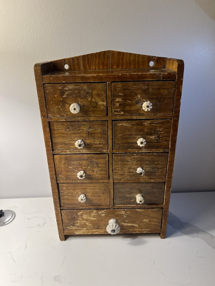 Antique Primitive Wood Apothecary Spice Cabinet Tabletop Or Hang Porcelain Knobs