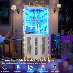 Corner Bar Cabinet with Power Outlet Industrial LED Strip Black