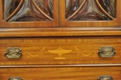 Georgian Style Mahogany Satinwood Inlay Breakfront Bookcase Bubble Glass Cabinet