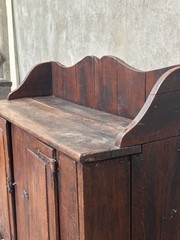 Antique Primitive Hardwood Cupboard, Scalloped Gallery, Hand-Forged Iron 19th C.