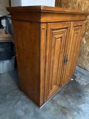 Antique Wooden Cabinet, Raised Panel Doors, Carvings, 48″ Tall, Two Doors