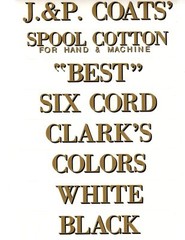 J & P COATS SPOOL CABINET LABEL 8 PIECE SET / GOLD LETTERS with BLACK SHADOW.