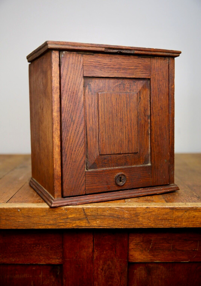 Vintage apothecary wood Cabinet antique counter flap door safe lock no key oak