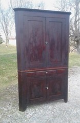 1850s Two Piece Poplar Blind Door Corner Cabinet Cupboard w Org Alligator Finish