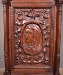 French Antique Solid Oak Wood Cabinet with Highly Carved Virgin Mary Door