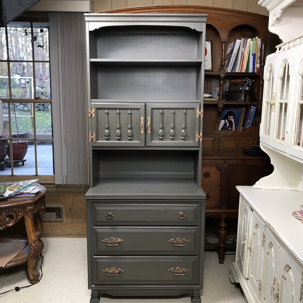 Sumpter Cabinet Co. Flat Olive Green Tall China Hutch with Gold Hardware Narrow