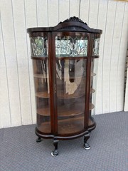 66903 Antique Leaded Glass Oak Bow Front China Cabinet