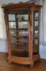 Antique American Empire Tiger Oak Curved Glass Cabinet, Carved Lion Heads $500