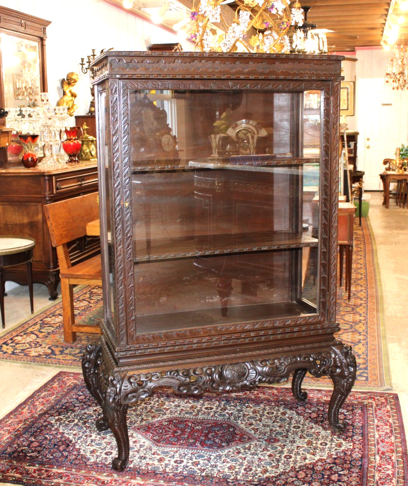 French Antique Carved Mahogany Display Cabinet | Glass Door & Carved Base