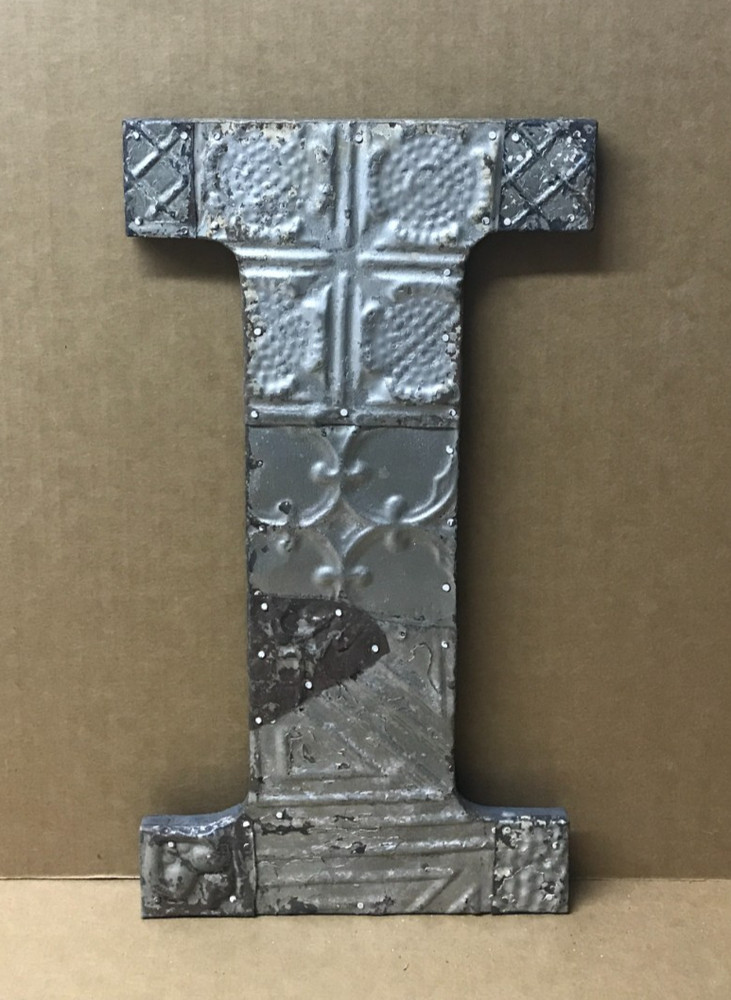 Decorative Salvaged Tin Ceiling 16″ Patchwork Shabby Silver Letter I Old 227-26B