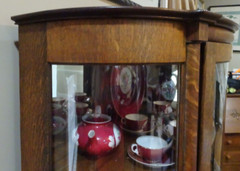 Antique Tiger Oak Curved Glass 2 Pilliar Curio China Cabinet 5 Shelves