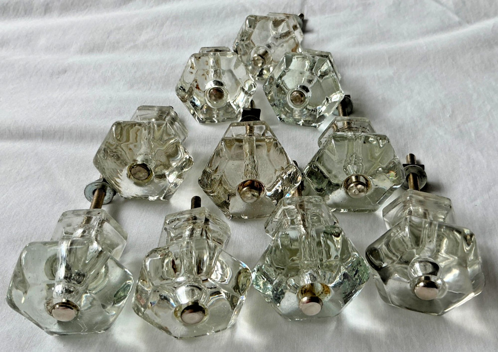 10 Vintage antique CLEAR GLASS measuring 1 3/8” Cabinet/door KNOBS