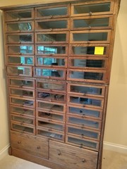 Antique Brown Apothecary Cabinet Wood & Glass Drawers Knobs 76x50x25