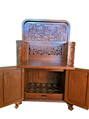George Zee Style Mid-Century Asian Heavily Hand Carved Flip Top Dry Bar Cabinet