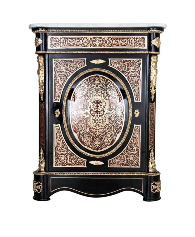 Antique Napoleon 3 Cabinet Black Gold Red Brass Inlay Marble Top