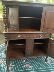 Tomlinson 1930s/40s Jacobean Revival Gothic Carved Romano Oak Court Cupboard