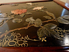 Vintage Chinoiserie Chinese Black Lacquer Hard Stone Finish Art Console Cabinet