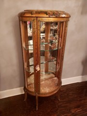 Antique Hand Painted Roses Wooden Curved Glass Curio Cabinet w/ Ormolu Trim