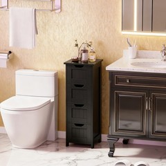 Bathroom Floor Cabinet Wood Free Standing Storage Organizer w/ 4 Drawers Black
