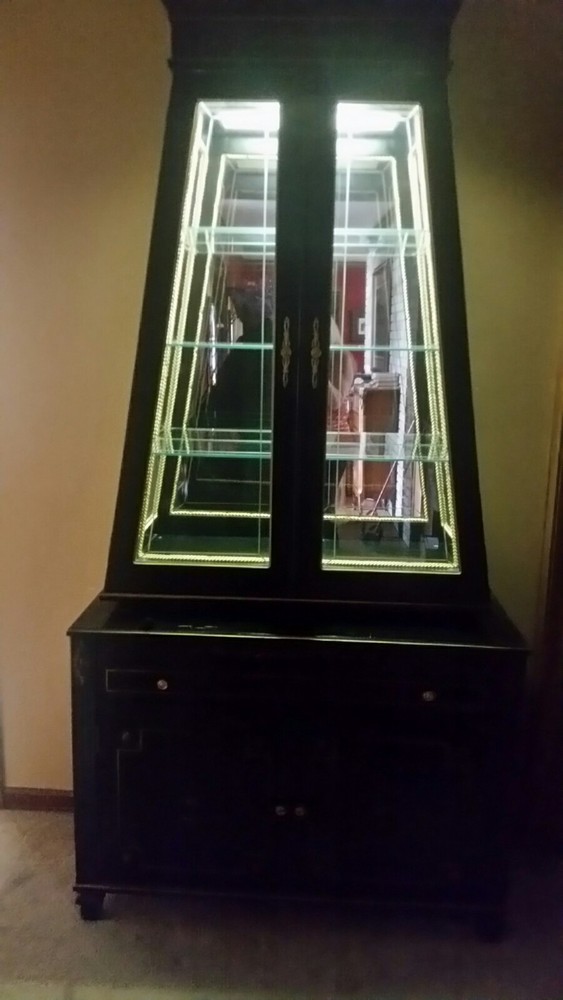 Unusual Shaped Black Lacquer 2 Piece China Cabinet Slender W/ Light & Gold Rope
