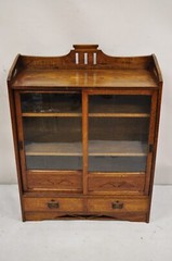 Antique Mission Oak Arts & Crafts Small Sliding Door Bookcase Curio with Drawers
