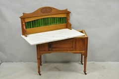 Antique English Arts & Crafts Birch Wood Green Tile Backsplash Washstand Server