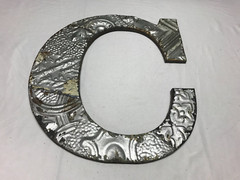 Decorative Salvaged Tin Ceiling 17″ Patchwork Silver Metal Letter C Old 1628-23B