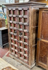 Antique 77″H Hutch Cabinet, Mughal or Medieval Style, Brass Studs & Iron Pulls