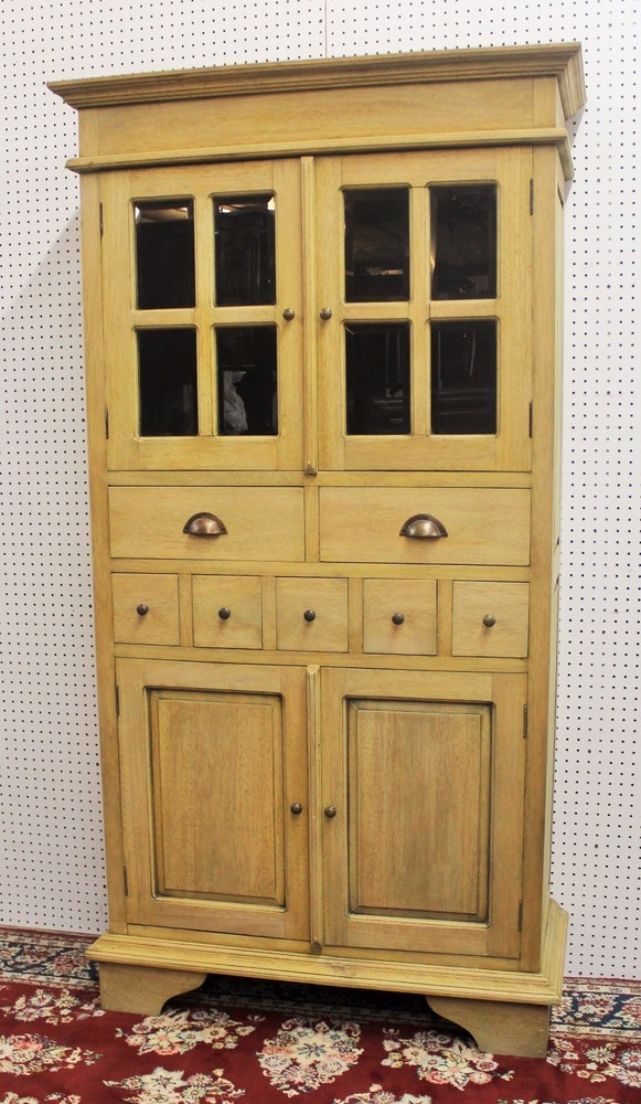 Antique Style Country French Bevel Glass Solid Wood Stripped Kitchen Cabinet