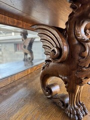 R. J. HORNER WINGED GRIFFIN HOODED BOWED GLASS OAK CHINA CABINET