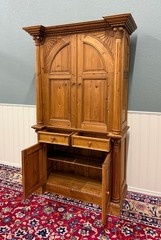 Vintage English Large Pine Cupboard Cabinet Corinthian Capitals Fluted Columns