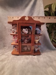 Antique Wood Mini Curio Cabinet Filled With Vintage Miniture Tea Cups & Saucers