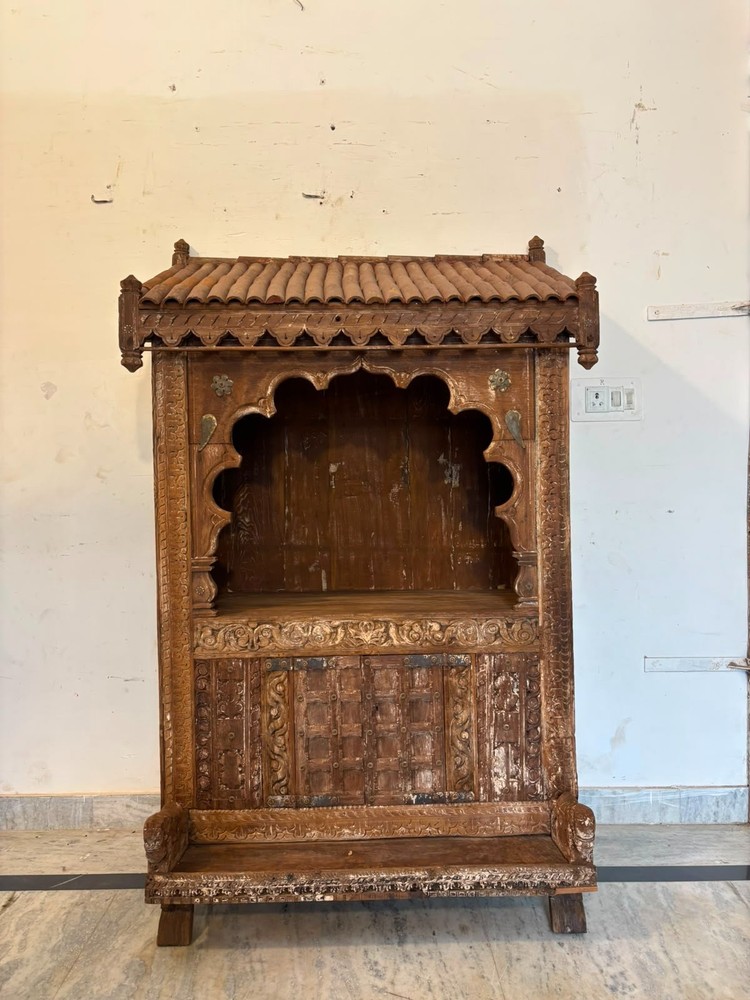Vintage Wooden Temple Cabinet | Hand Carved Indian Shrine Cabinet | Rustic Pooja