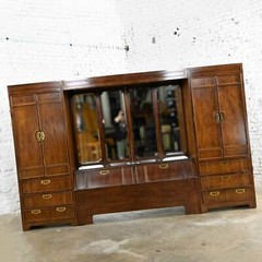 Campaign Style Thomasville Furn Mystique 3 Section Modular Queen Bed & Armoires