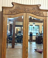 French Antique Carved Oak Art Nouveau 2 Mirrored Door Armoire Circa 1900.